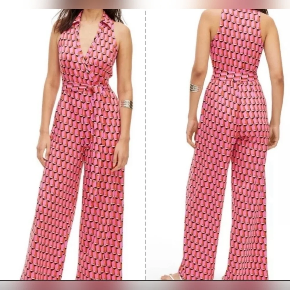 NWT Diane Von Furstenburg x Target V Neck Faux Wrap Geo Print Jumpsuit Pink XS